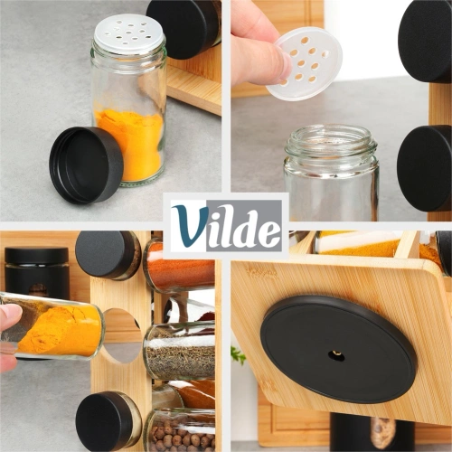 Stojak na przyprawy z pojemnikami bambusowy obrotowy 13 el.