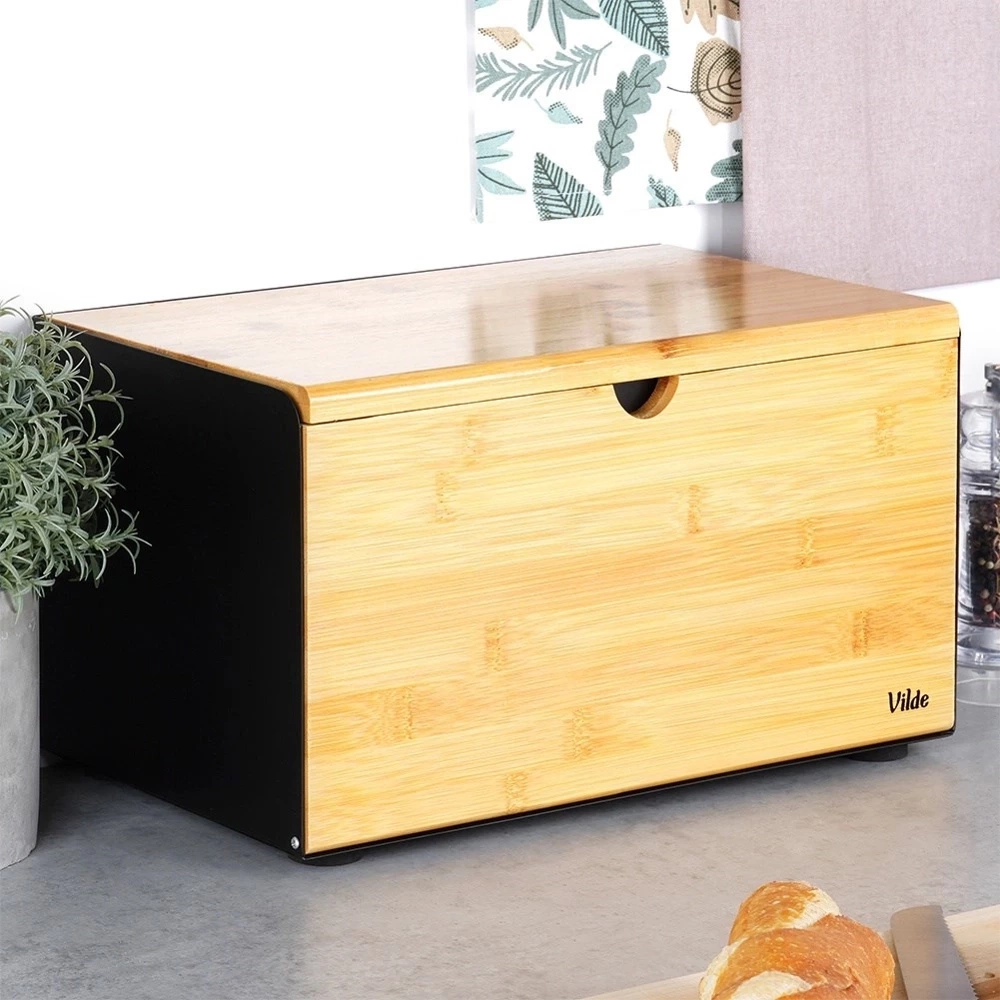 Chlebak bambusowy metalowy czarny podwójna pokrywa 35,5x22x20,5 cm