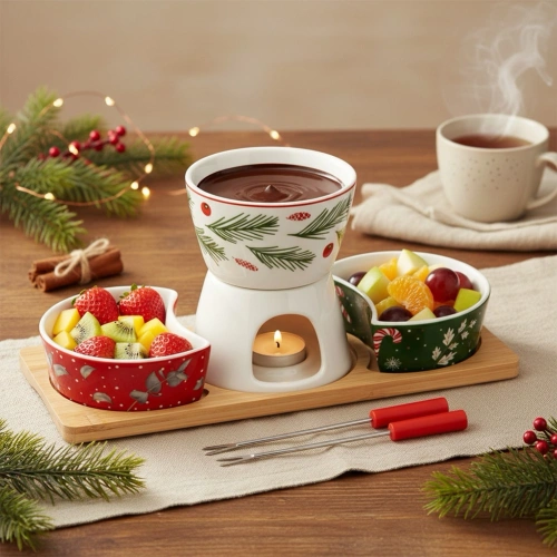 Zestaw do fondue porcelanowy na tacy 6 el.