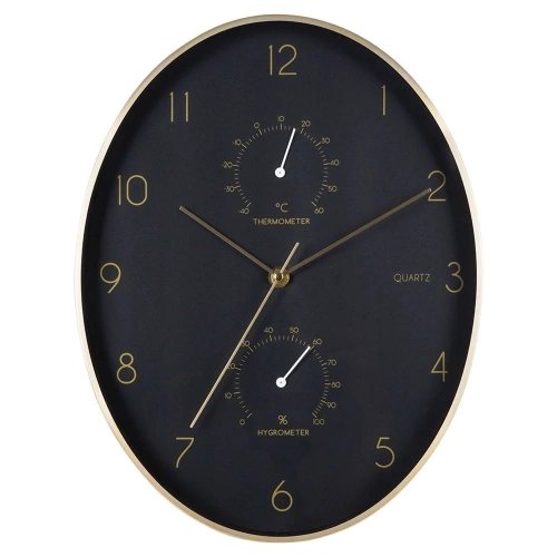 Zegar ścienny czarny złoty z termometrem higrometrem 27x34,5 cm
