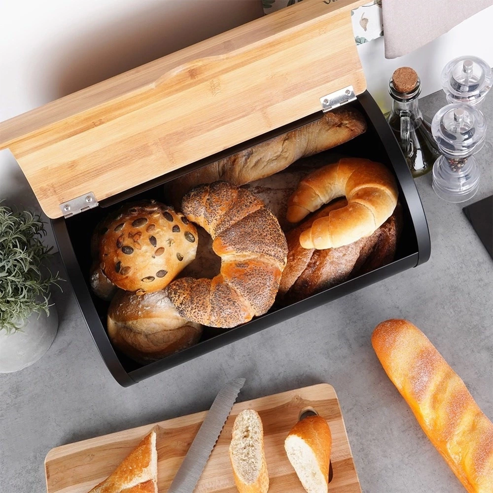 Chlebak stalowy bambusowy czarny 38x24x20 cm