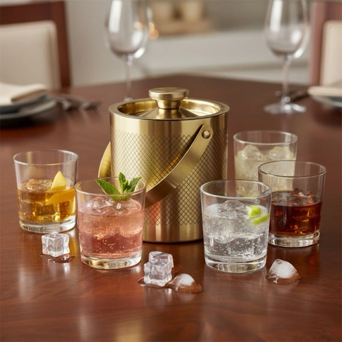 Wiaderko do lodu stalowe złote ze szczypcami