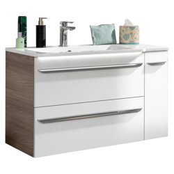 Zestaw szafka łazienkowa + boczna prawa z umywalką z konglomeratu 100 cm szary dąb + biały Luxor Fackelmann