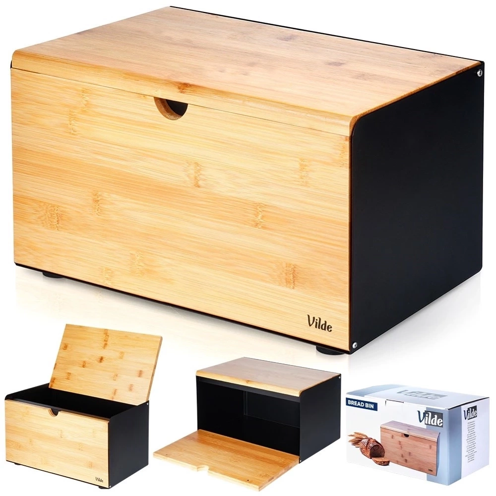 Chlebak bambusowy metalowy czarny podwójna pokrywa 35,5x22x20,5 cm