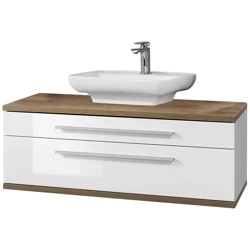 Szafka łazienkowa 110 cm biały + dąb naturalny z ceramiczną umywalką nablatową 60 cm Stanford Fackelmann