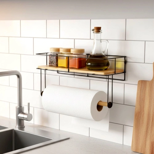 Wieszak na ręcznik papierowy z półką metalowy czarny 37x12,5x18,5 cm