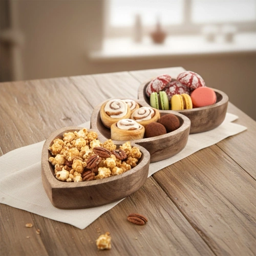 Talerz na przekąski drewniany dzielony serce MANGO 40x16 cm