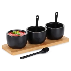 Miseczki na przekąski z łyżeczkami ceramiczne czarne 90 ml 7 el.