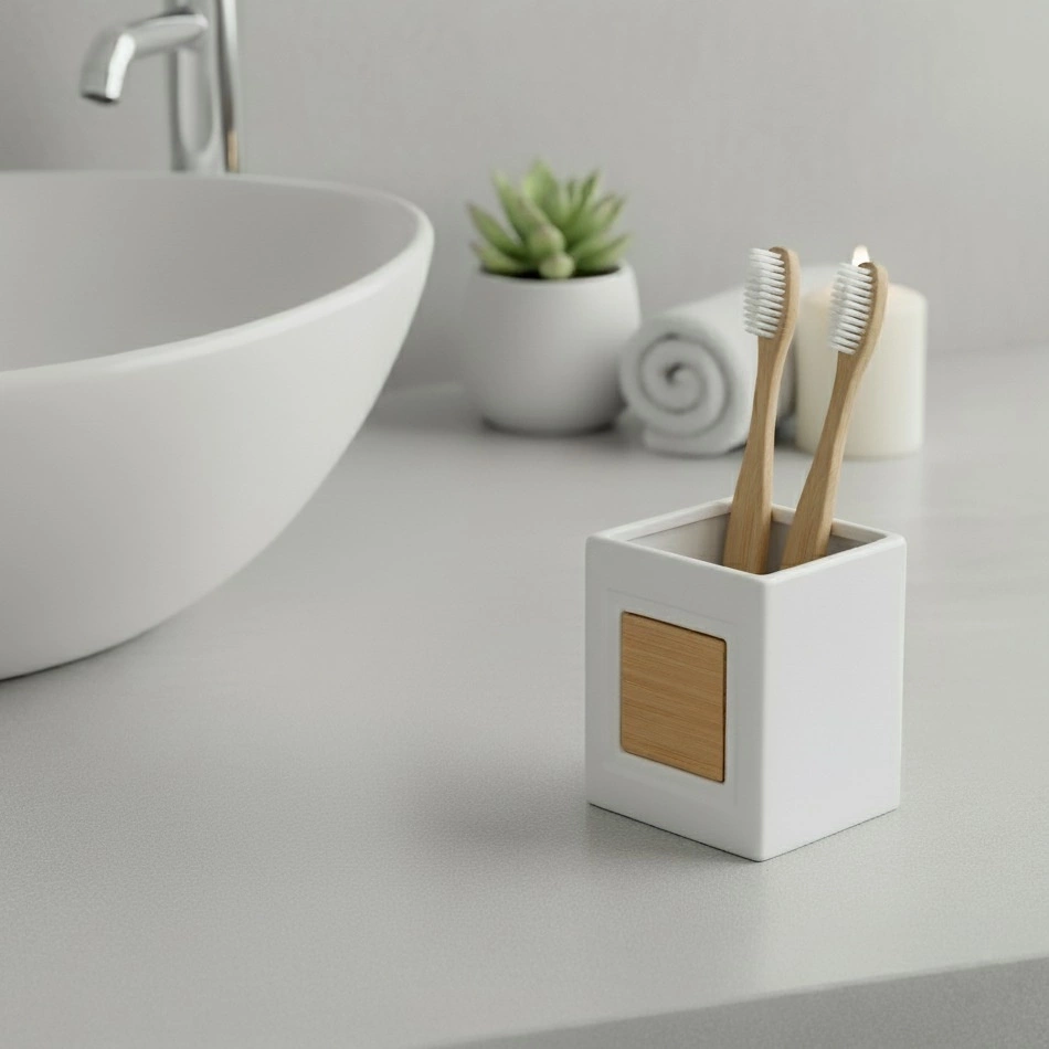 Kubek łazienkowy dolomitowy drewniany biały