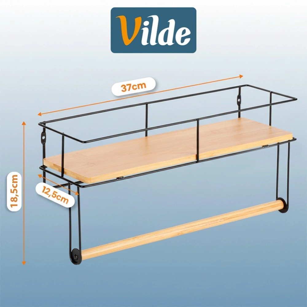 Wieszak na ręcznik papierowy z półką metalowy czarny 37x12,5x18,5 cm