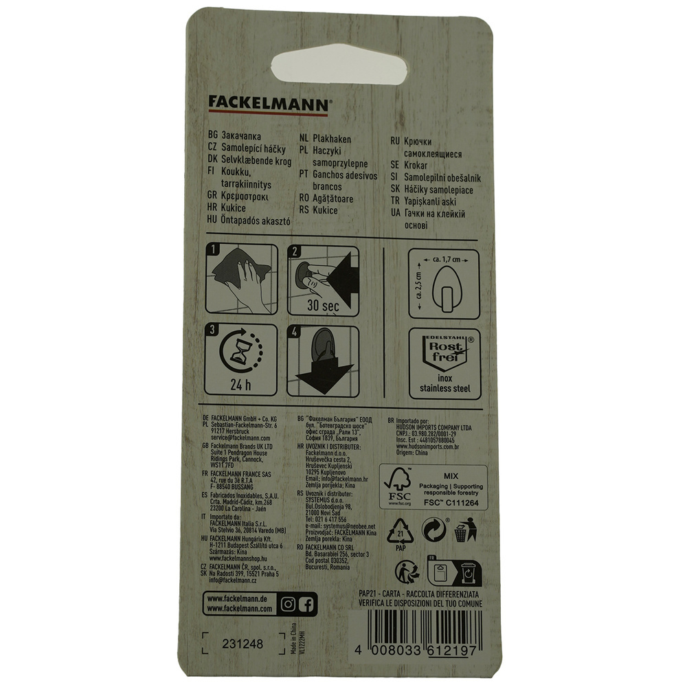 Zestaw haczyków samoprzylepnych 3 szt uniwersalne stal inox FACKELMANN 61219