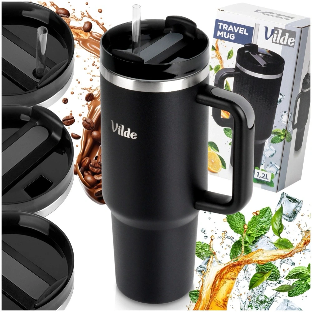 Kubek termiczny stalowy czarny z uchwytem 1,2 l