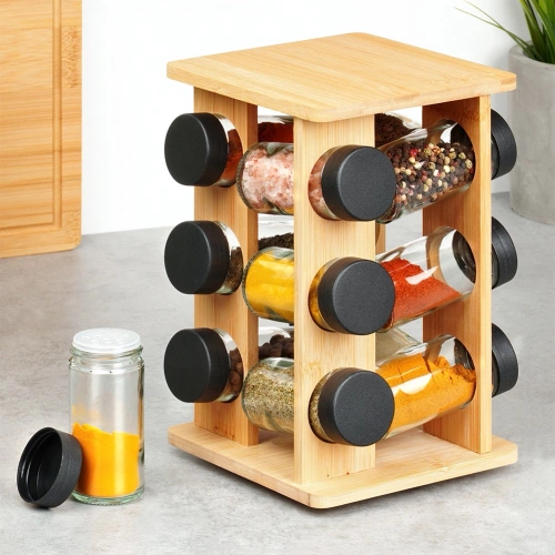 Stojak na przyprawy z pojemnikami bambusowy obrotowy 13 el.
