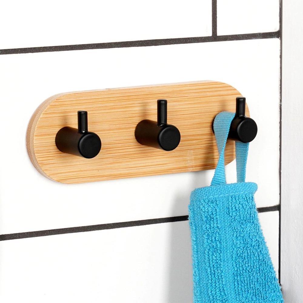 Haczyk wieszak samoprzylepny bambusowy metalowy czarny potrójny 14x3,5x5 cm