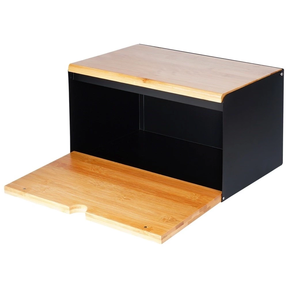 Chlebak bambusowy metalowy czarny podwójna pokrywa 35,5x22x20,5 cm