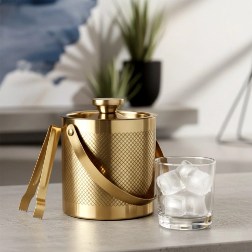 Wiaderko do lodu stalowe złote ze szczypcami