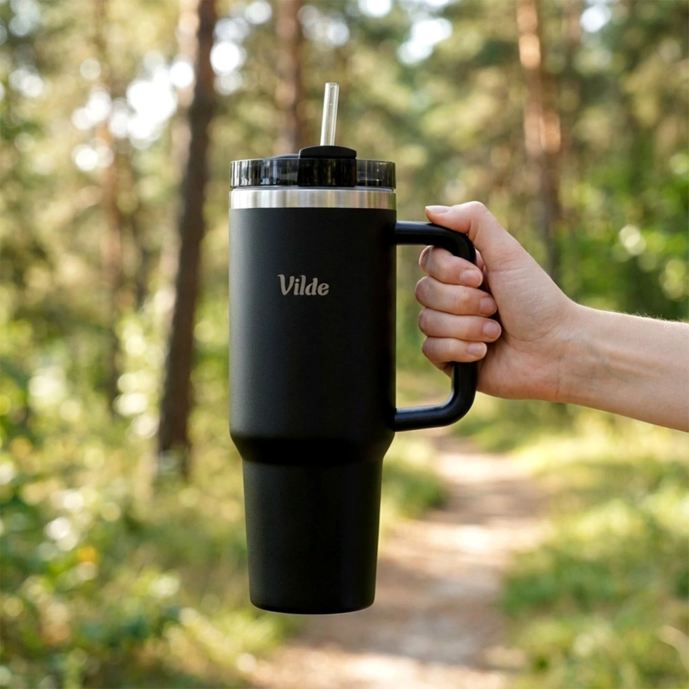 Kubek termiczny stalowy czarny z uchwytem 1,2 l