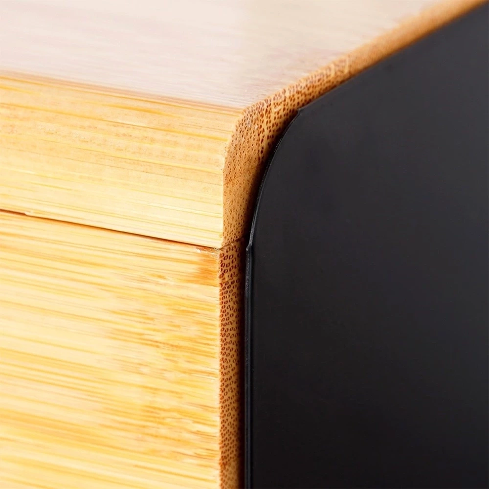 Chlebak bambusowy metalowy czarny podwójna pokrywa 35,5x22x20,5 cm