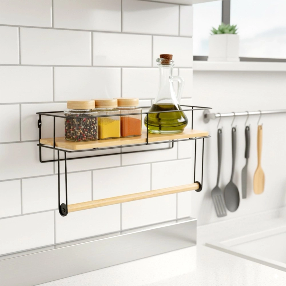 Wieszak na ręcznik papierowy z półką metalowy czarny 37x12,5x18,5 cm