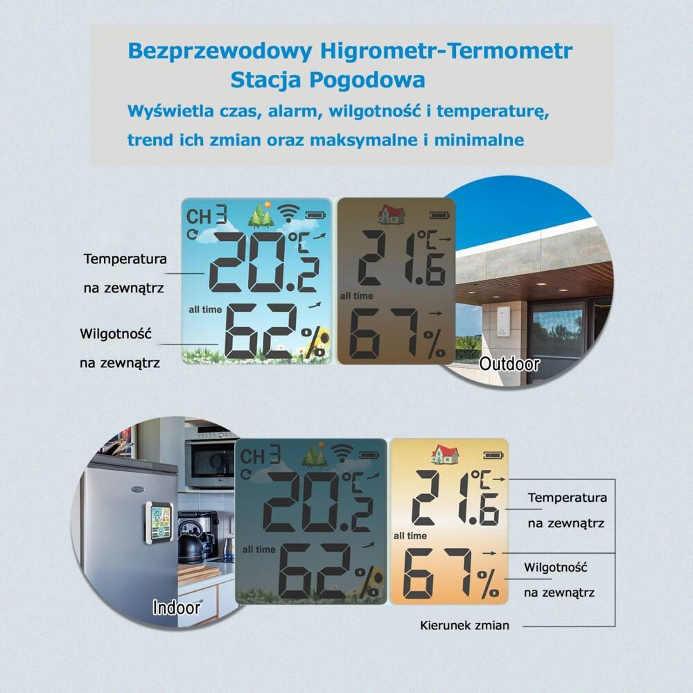 Bezprzewodowa stacja pogodowa termometr higrometr zegar alarm