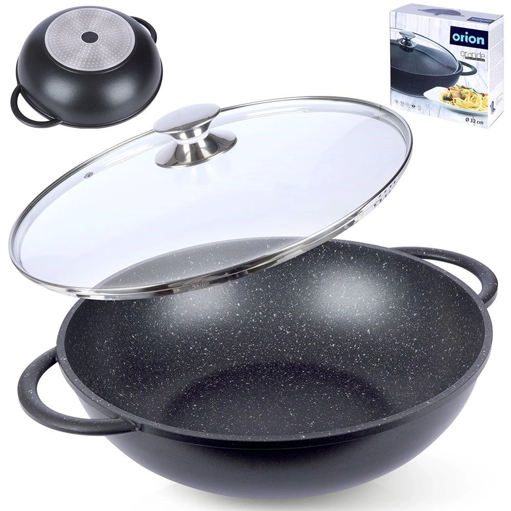 Patelnia wok granitowa ze szklaną pokrywką GRANDE 32 cm