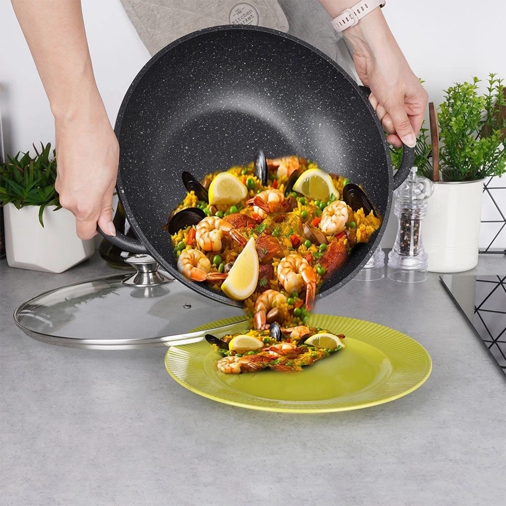 Patelnia wok granitowa ze szklaną pokrywką GRANDE 32 cm