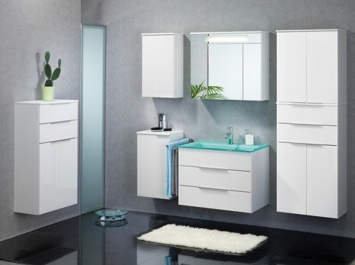 Biała szafka łazienkowa z miętową umywalką i podświetleniem KARA 80 cm